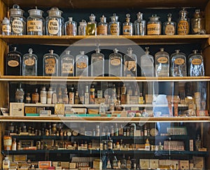 Empty scent bottles in old pharmacy