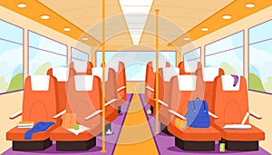 Empty school bus inside, interior of public city transport with seats, perspective view