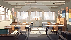 An empty school class, an empty room with desks, generative AI.