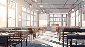 An empty school class, an empty room with desks, generative AI.