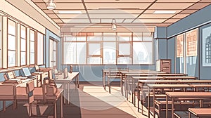 An empty school class, an empty room with desks, generative AI.