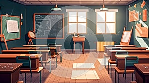 An empty school class, an empty room with desks, generative AI.