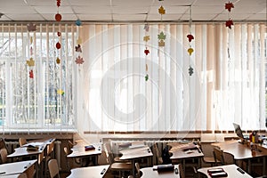 Empty School Class Room Interior. Going Back to School. Empty school classroom, no people. autumn decor in an empty