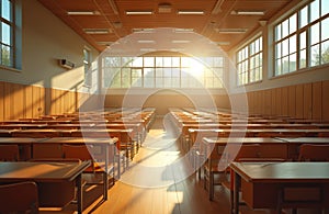 Empty school classroom with bright morning light. Rows desks chairs ready for students. Modern interior design. Back school
