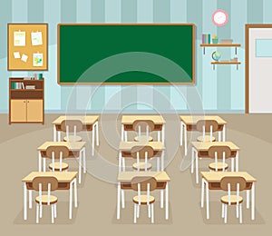 Empty school classroom with green chalkboard