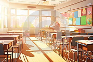 Empty school classroom hit by sunlight, back to school. Generative ai