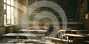 Empty school classroom with a large board, desks, and chairs
