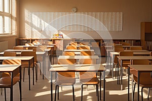 Empty school classroom in sunlight, back to school concept. Generative ai