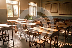 Empty school classroom in the sunlight, back to school. Generative ai