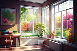 empty school classroom, with view of colorful and vibrant garden outside the window