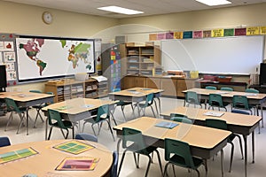 Empty school classroom with wooden desks and board. Generative AI