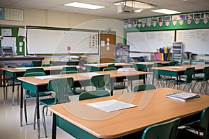 Empty school classroom with wooden desks and board. Generative AI