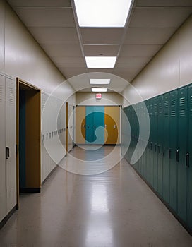 An empty school hallway lined with lockers and classroom doors