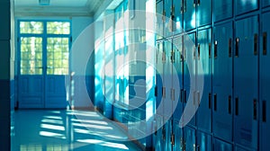 Empty School Hallway with Rows of Blue Lockers, Sunlight Casting Shadows on Floor. Serene Academic Environment. Perfect