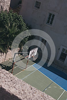 Empty school sports ground within the old city walls of Dubrovnik during corona virus
