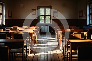 An empty schoolclass with a cleared board