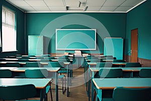 An empty schoolclass with a cleared board