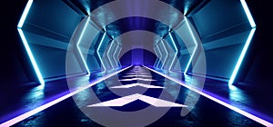 Empty Sci Fi Futuristic Dark Alien Spaceship Hall Tunnel Corridor Led Laser Arrow Shaped Floor Lights Glowing  Vibrant Blue