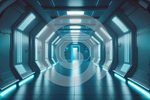 Empty sci-fi futuristic room of spaceship with blue light decoration