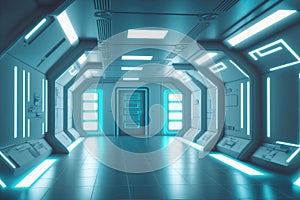 Empty sci-fi futuristic room of spaceship with blue light decoration