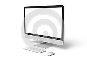 Empty screen Desktop keyboard, mouse front view on the white background