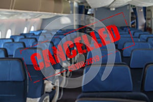 Empty seats on aircraft flight cancellations on the airport because of coronavirus
