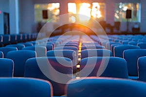 Empty seats at church community center before sunset event. Concept Church Community Center, Empty Seats, Sunset Event, Peaceful