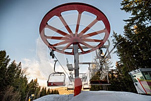 Empty seats at skilift in winter resort