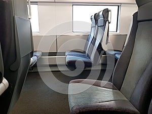 Empty seats in a train. Window with landscape