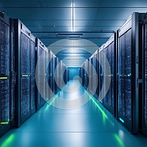 empty server room in an office with rows of large computer servers