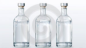 An empty set of two clear alcohol bottles with metal caps isolated on white and transparent background. Set includes