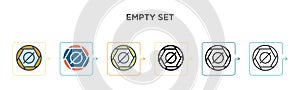 Empty set vector icon in 6 different modern styles. Black, two colored empty set icons designed in filled, outline, line and