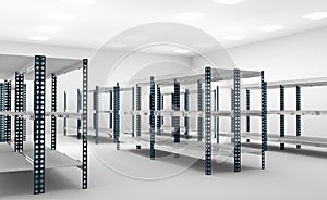 Empty shelf warehouse, 3d render illustration, realistic style