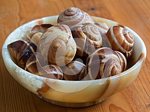 Empty shell of cooked grape snails in the marmor bowl on the wooden table