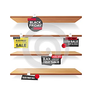 Empty Shelves, Black Friday Sale Advertising Wobblers Vector. Retail Concept. Black Friday Discount Sticker. Sale