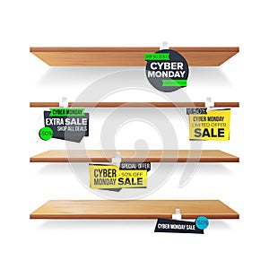 Empty Shelves, Cyber Monday Sale Advertising Wobblers Vector. Retail Concept. Big Sale Banner. Cyber Monday Discount