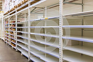 Empty shelves in a grocery supermarket. Lack of products.