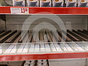 Almost empty shelves in store because of panic around coronavirus pandemia,