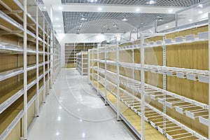 Empty shelves of supermarket interior