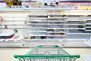 Empty shelves in supermarket store due to novel coronavirus covid-19 outbreak panic in thailand