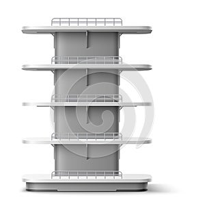 Empty shelving stand. Realistic shopping shelves. Supermarket furniture. Multi level racking front view. White store