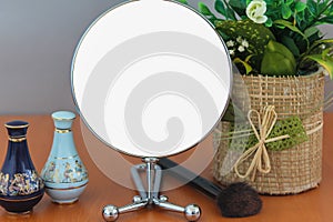 Empty Shiny Modern Metal Round Make Up Mirror On Wooden Table White Blank Advertisement Banner Mock Up Isolated