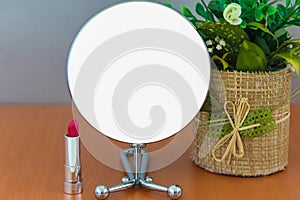 Empty Shiny Modern Metal Round Make Up Mirror On Wooden Table White Blank Advertisement Banner Mock Up Isolated