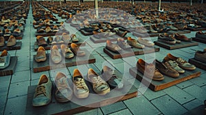 Empty shoes in rows at a square for World Refugee Day, showcasing an impactful visual plea. World Refugee Day photo