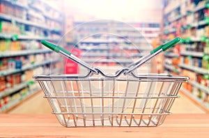 Empty shop basket on  blurring supermarket aisle background