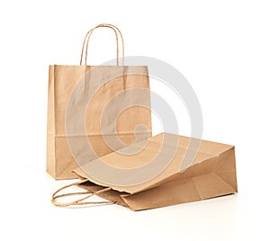 Empty Shopping Bag from craft paper, Recycled paper shopping bag on white background