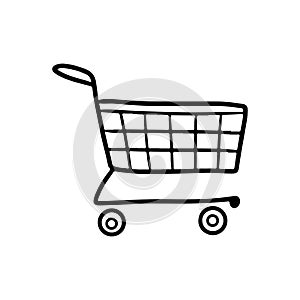 Empty shopping cart in black isolated on white background. Hand drawn vector sketch illustration in doodle engraved line art