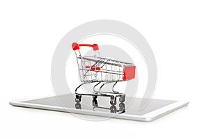 Empty shopping cart on digital tablet, isolated on white background. Online shopping and internet direct sales concept