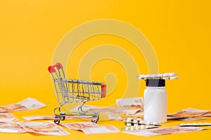 An empty shopping cart and a jar of pills. Yellow background with scattered money. Copy space. The concept of the high cost of