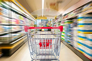 Empty shopping cart in supermarket